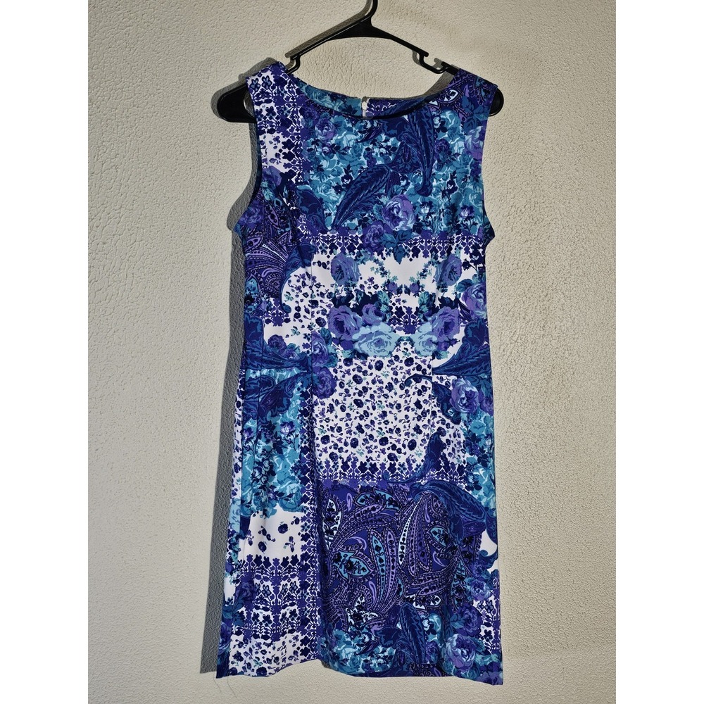Connected Apparel 10 P Midi Shift Dress Tailored Cut Blue Purple Paisley Stretch